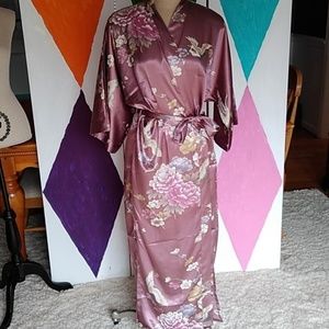 Satin Crane Print Floral Robe